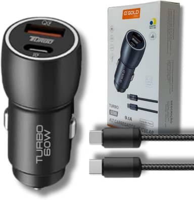 Carregador Veicular Turbo 60W Pro, Kit com Cabo USB-C. Duas portas USB 3.0 + USB-C, Led, Carregamento Rápido 9.1A Fast Charge Carro/Automotivo Compatível com IOS e Android – Premium (Preto)