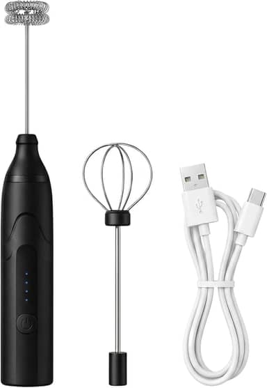 Espumador de Leite Elétrico e Mixer Portátil USB Recarregável – 3 Velocidades Potentes com 2 Cabeças (Mola e Fouet) – Batedor em Inox para Café, Cappuccino, Shakes e Ovos