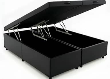 Cama Box Baú Queen Bipartido 79, Blindado, Pistão á Gás, Pés de Madeira (Corino, Preto)