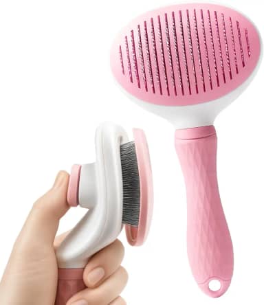 Escova Autolimpante Rasqueadeira Tira Pelos para Gatos e Cães de Pelo Longo – Removedora de Pelos com Botão de Limpeza, Cerdas Encapadas Seguras e Cabo Ergonômico Antiderrapante (Rosa)