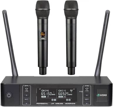 VEDO Sistema de microfone sem fio, microfones sem fio duplos com 2 microfones de mão, busca automática de frequências, 2x100 frequências UHF, alcance de 60 m, microfone dinâmico para canto