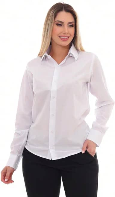 Camisa Social Feminina Lisa Manga Longa Estruturada Slim