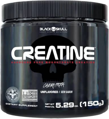 Black Skull Creatine Monohydrate - Suplementação para Treino, Performance, Ganho Muscular, Hipertrofia, Força e Resistência - Sem Sabor - Pote 150g