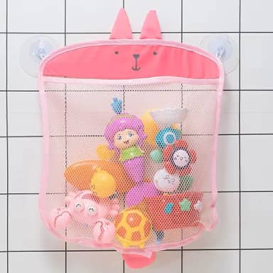Organizador Infantil de Brinquedos para Banheiro com Ventosas e Rede de Malha - Design de Urso e Tubarão (Rosa)