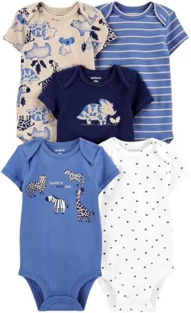 Kit Body Carter's 5 Peças Manga Curta Zoológico Azul Bebê Menino (9M)