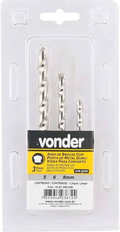 Vonder, Jogo De Brocas Para Concreto, Com Ponta De Metal Duro, 5 Mm A 8 Mm, Com 3 Peças.