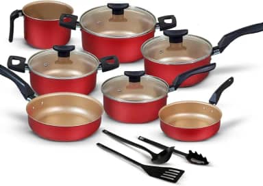 Jogo de Panelas 10 Peças Cereja Antiaderente c/Tampa de Vidro e Utensílios