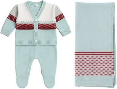 Saída de Maternidade Tricô Azul com Casaco e Manta – Kit Bebê Completo