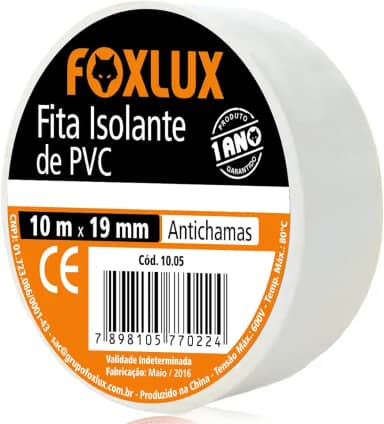 Fita Isolante Foxlux – PVC Antichamas – 10m x 19mm – Espessura: 0,15mm – Alta Elasticidade – Isola fios com tensão até 600V – Branca