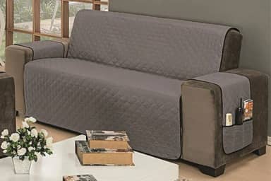 Protetor De Sofá Impermeável 3 Lugares Padrão Liso Dupla Face Tecido Microfibra Cinza/Preto