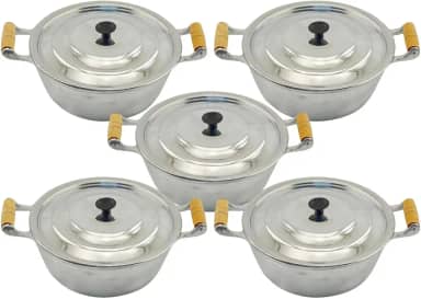 Jogo De Panela Alumínio Batido Grosso Com 5 Peças Cabo Madeira Marfim Envernizado