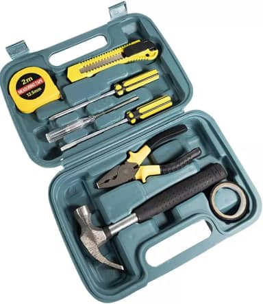 1 Kit de Ferramentas Manuais 9 Peças LEPORT, Estojo Azul com Martelo, Alicate e Chaves, Trena 2m