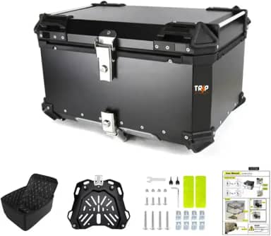 Baú Traseiro Moto Alumínio 65 Litros Suporte Universal Impermeável Reforçado Seguro Bagageiro Universal Top Case Grande Comporta 2 Capacetes Grande Capacidade (Preto)