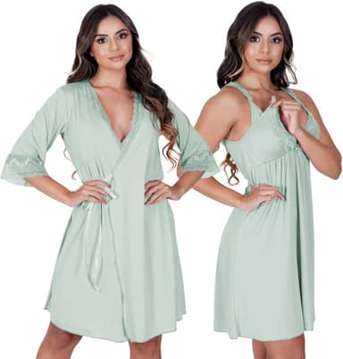 Kit Camisola de Amamentação Com Robe Gestante Maternidade Pós-Parto