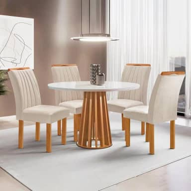 Conjunto Mesa Tampo Redondo Plus Vidro Kansas 100cm 4 Cadeiras Arizona Cinamomo/off White/suede Bege