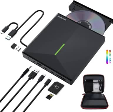 Unidade externa de CD DVD com 4 portas USB e 2 compartimentos para cartão TF/SD, gravador de leitor de CD/DVD USB 3.0 para laptop, PC, Windows 11/10/8/7 Linux OS com estojo de transporte