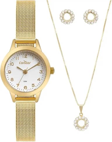 Relógio de Pulso Feminino Condor Dourado + Colar e Brincos CO2035MZS/K4X