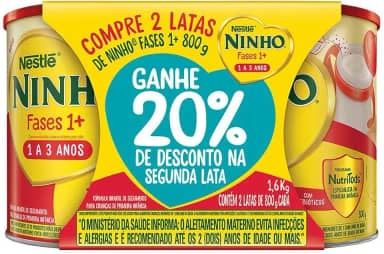 Ninho 1+ Fases 2 Latas 800g cada + 20% na Segunda Lata