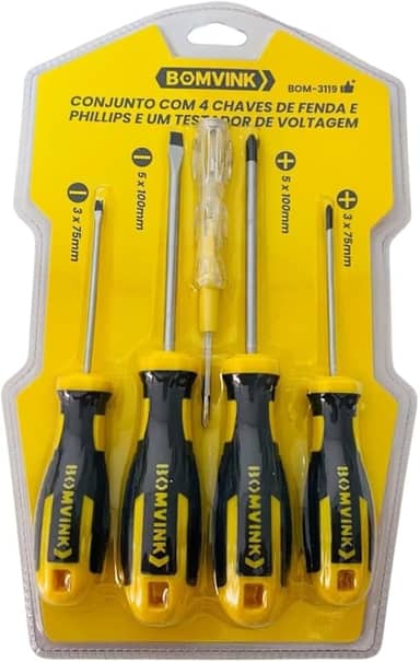 Kit com 4 Chaves de Fenda e Phillips com Testador de Voltagem 5 Peças 3x75mm e 5x100mm Jogo de 5 Peças Chaves de Fenda e Phillips + Testador de Voltagem Premium