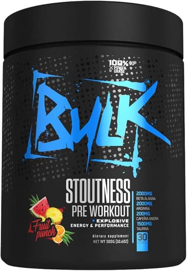 Pré Treino Stoutness 300g Suplemento Em Pó Fórmula Exclusiva Com Beta Alanina Taurina Cafeína Arginina Bulk Nutrition Sabor Sabor Maçã Verde ou Frutas (Fruit Punch, 300g)