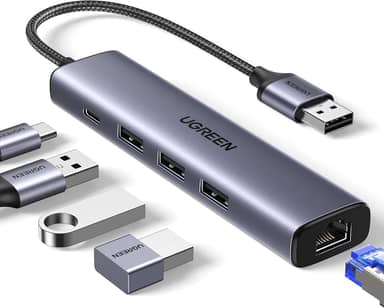 UGREEN Adaptador USB 3.0 para Ethernet, hub multiporta 5 em 1 com porta de alimentação Gigabit RJ45 e tipo C, adaptador de rede LAN compatível com laptop PC MacBook Mac Mini Surface XPS Window