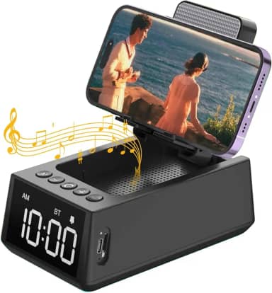 Caixinha de Som Portátil 3 em 1, Caixa de Som Bluetooth 8W, Suporte para Celular, Relógio Digital Alarme, Camada de Som Limpa e Potente Bluetooth 5.3 com Microfone Integrado