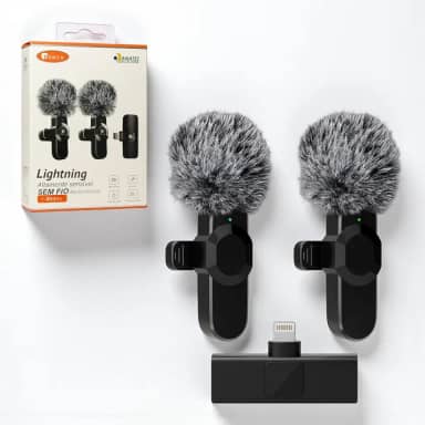 Kit 2 unidades Microfone de Lapela, Lapela Sem Fio Duplo com Redutor de Ruído e Wind Shield Profissional para Vídeos de Gravação Externa ou Interna Compatível com Iphone - Conector Lightning