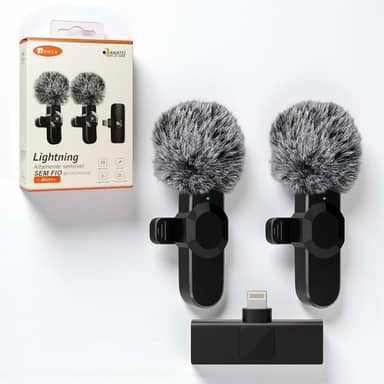 Kit 2 unidades Microfone de Lapela, Lapela Sem Fio Duplo com Redutor de Ruído e Wind Shield Profissional para Vídeos de Gravação Externa ou Interna Compatível com Iphone - Conector Lightning