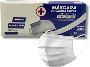 Máscara Descartável Tripla com Elástico – Branca | Pacote com 50 Unidades | Uso Profissional e Diário | 3 Camadas TNT com Clipe Nasal | Proteção e Conforto Respiratório