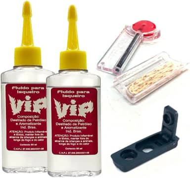 2 Fluído Vip 60ml cada + Pedra (6), Pavio (10cm) e Vedação (1) kit para Isqueiros recarregável classicos, tipo flip
