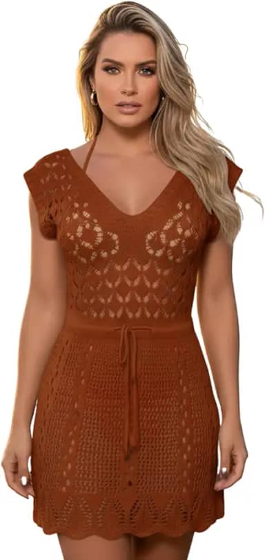 Saida de Praia Crochê Vestido Curta Tricot Rendado Cinturada Manga Curta Elegante Saida de Banho Piscina Canga Verão