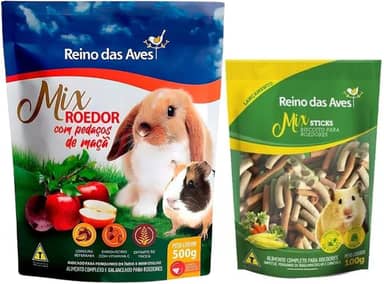 Ração Porquinho Da Índia e Mini Coelho 500g + Stick Biscoito Para Roedores 100g - Reino das Aves