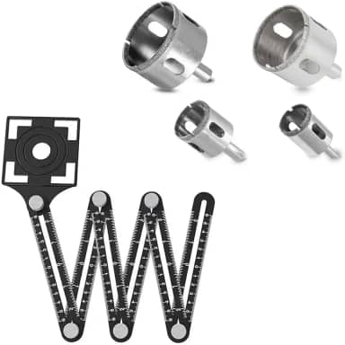 Gabarito Régua Marcador Esquadro Furo Piso Cerâmica Porcelanato Vidro + 4 Broca Serra Copo Diamantada Premium 50/40/32/25MM