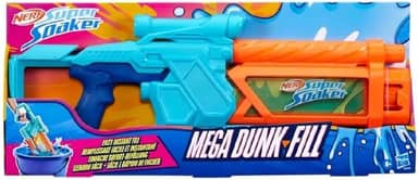 Nerf Super Soaker Mega Dunk-Fill lançador de água em plástico azul e laranja, com tanque de enchimento instantâneo de 1 litro, brinquedos de Natal e Ano Novo para crianças acima de 6 anos.