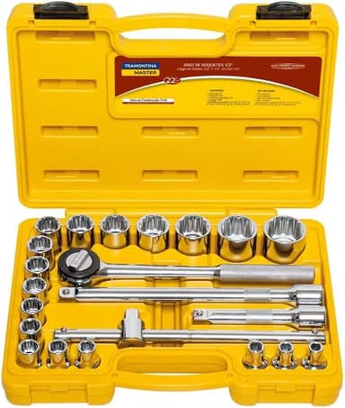 Tramontina 43600022, Maleta Soquetes Estriados e Acessórios Encaixe 1/2, 22 Peças, Amarelo