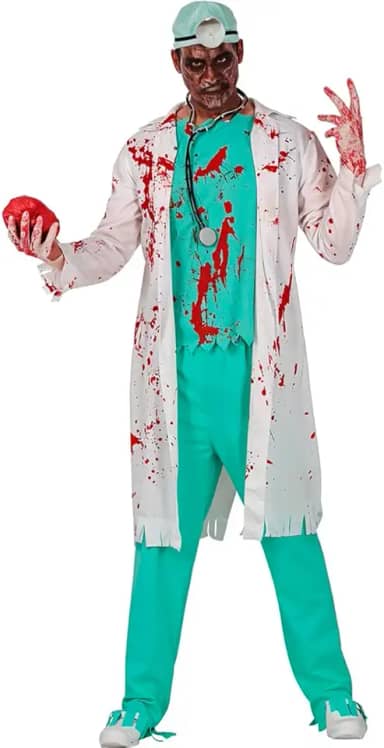 Fantasia Médico Zumbi de Halloween Adulta Masculina Assustadora Terror Jaleco Ensanguentado Camisa Calça e Luvas Sangrentas de Luxo