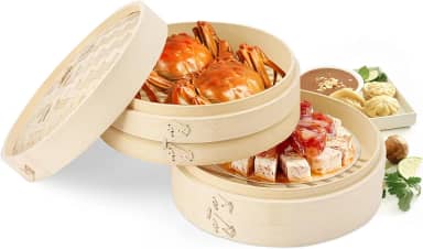 Panela de Bambu Vaporeira, Vaporizador de Alimentos Dim Sum com tampa, 25 * 7,5 cm, Cesta de Cozimento a Vapor, Bambu, para Peixe Guioza Legumes, Kitchen Vaporizador de Alimentos
