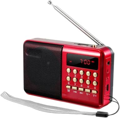 Rádio FM Digital Portátil, Display LCD, Entrada USB, Cartão de Memória, Alto-Falante 3W, com Antena Telescópica e Teclado Numérico, Acompanha Pilha Recarregavel (Vermelho)