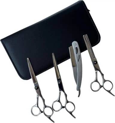 Kit Barbeiro Profissional com Tesoura Fio Laser Navalha Tesoura Desfiadeira Navalhete Estojo Cabeleireiro Corte Masculino Aço Inox Corte Preciso Tesouras para Cabelo e Barba