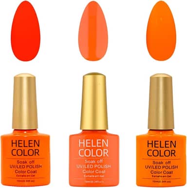 HELEN COLOR Kit 3 Esmaltes em Gel UV/LED 10ml Cada Frasco Secagem Rápida Alta Durabilidade Acabamento Brilhante (Laranja)