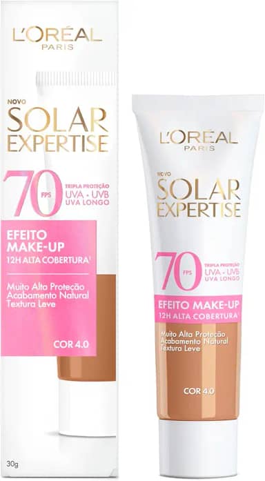 L'Oréal Paris Solar Expertise Efeito Make-Up, Protetor Solar com Cor FPS 70, Cobertura de Maquiagem por até 12h, Tripla Proteção Solar contra raios UVB, UVA, UVA Longo e Luz Visível Cor 4.0, 30g