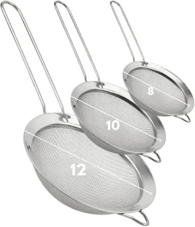 Kit com 3 Peneiras de Cozinha Inox com Alça – Tamanhos 8cm, 10cm e 12cm – Para Coar, Peneirar e Lavar Alimentos com Facilidade - Premium