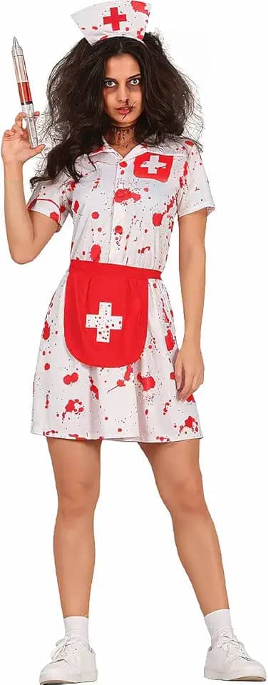 Fantasia Halloween Enfermeira Assassina Zumbi Sangrenta Feminina Adulta Com Tiara e Avental