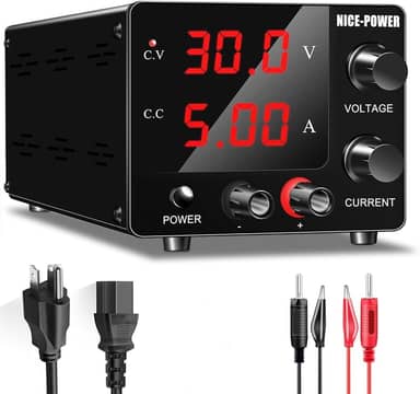 NICE-POWER Fonte de alimentação CC variável, fonte de alimentação regulada de comutação ajustável de 30V 5A com codificador, visor LED de 3 dígitos atualizado, fonte de alimentação linear de mini