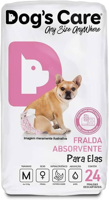 DOG’S CARE Fralda Descartável Para Cães Fêmeas de 6 a 13kg - Fralda Absorvente Para Cachorros Idosos e Filhotes - Tamanho M - 24 Unidades