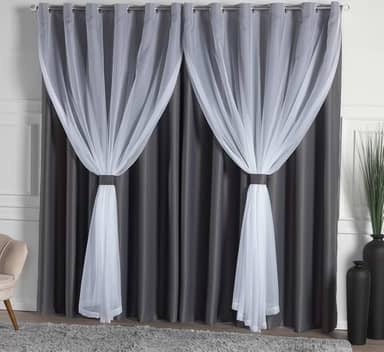 Cortina Solaris Blackout/Bleucate de Tecido com Voil 3,00m x 2,50m Alt com Ilhós Cromado e Abraçadeiras - Chumbo