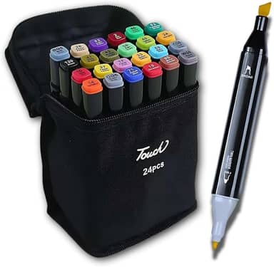 Kit de 24 Canetas Marcador Permanente Ponta Dupla Touch Coloridas para Desenho Profissional Escolar Infantil com Estojo Organizador Base Artista Canetinhas Hidrográficas Alcool Caneta para Colorir