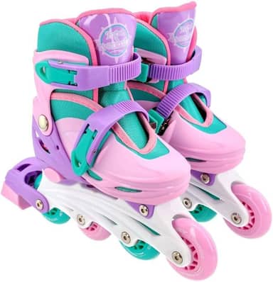 Kit Patins Infantil com Acessórios de Segurança Rosa Claro com Capacete e Protetores Patins 4 Rodas para Crianças- Tam. 30-33