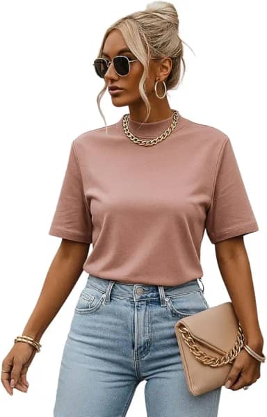 T-shirt Camiseta Básica Feminina Gola Alta, 100% Algodão, Manga Oversized