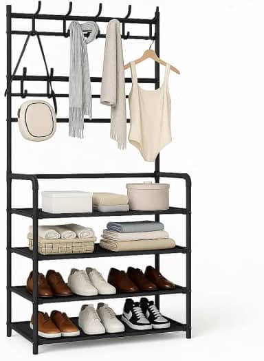 Sapateira Organizador com Cabideiro de Chão e 4 Prateleiras | Arara Multiuso Vertical para Roupas, Bolsas e Sapatos (Preto)